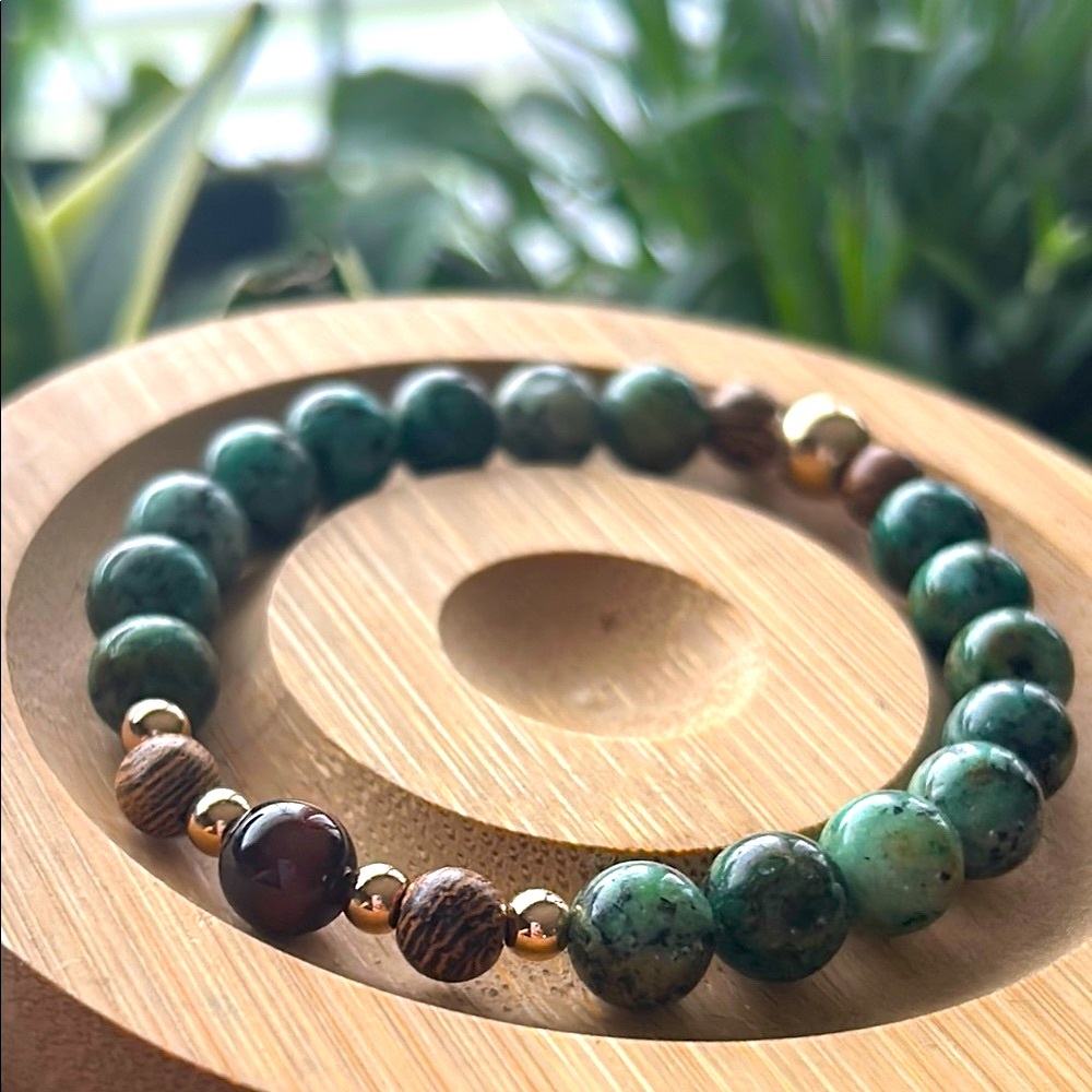 Handmade African Turquoise + African Wood Brad + Red Tigers Eye Beaded Bracelet